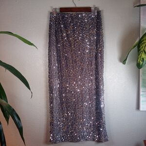Madden NYC Sequined Grey Stretch Side Slit Whimsigoth Fairycore Maxi Skirt M